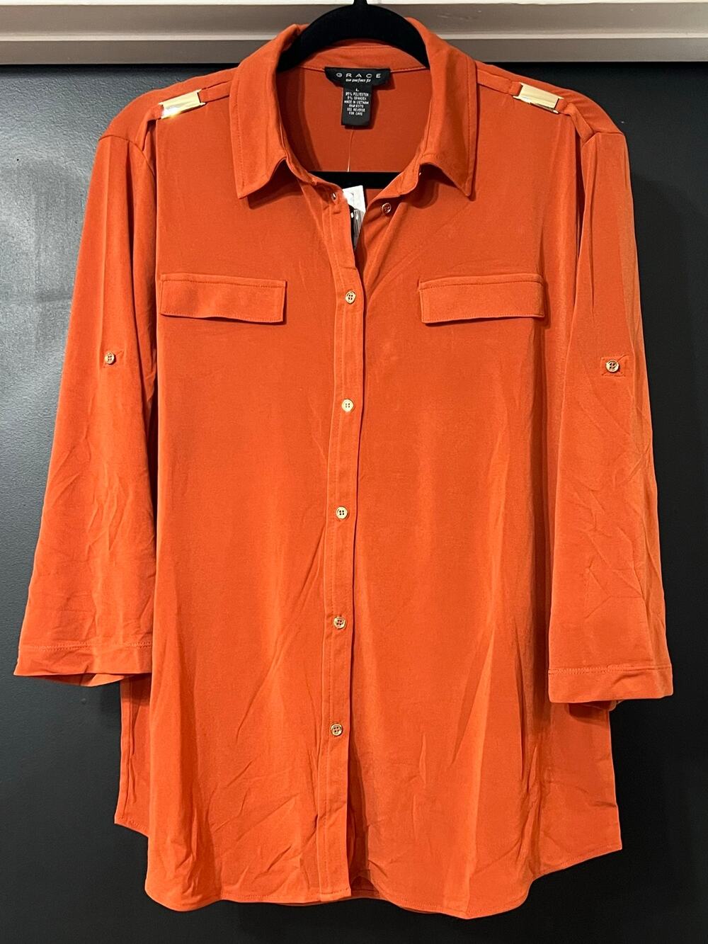 NWT Grace Cinnabar Rust Button-Down Shirt Blouse Roll-Tab Sleeves Size L